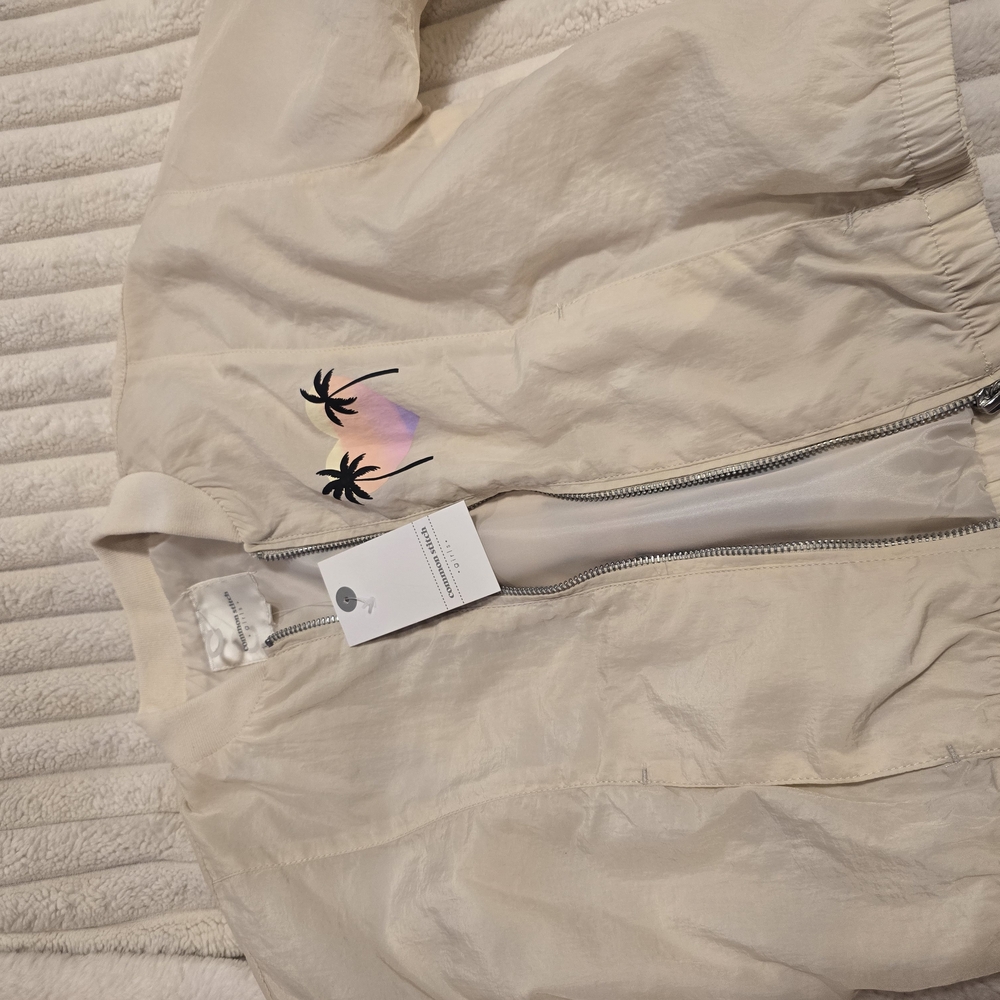 Cream Bomber Jacket with Palm Tree Design